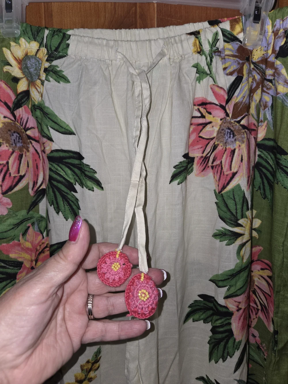 Green and Cream Floral Wide-Leg Pants with Pom-Tie Waist